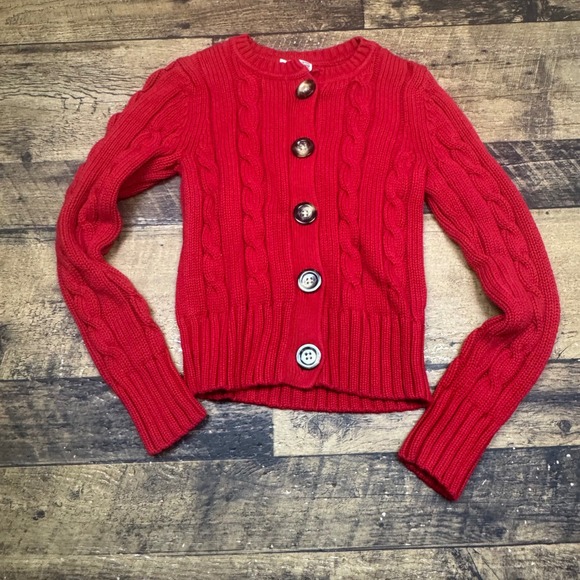 Old Navy Cable Knit Cardigan‎ Sweater Button Front Red Cotton Blend Kids? M - Picture 1 of 6